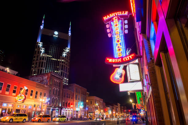 Nashville Night Street Scene Music Row Tennessee Travel Destinations stock photo