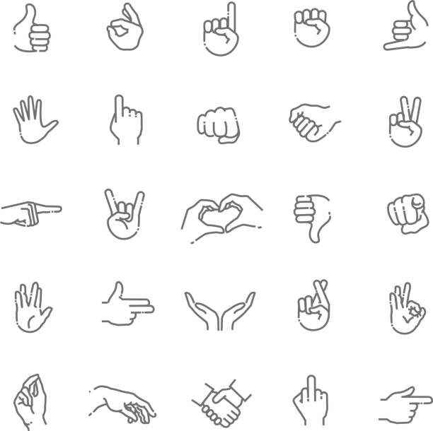 illustrazioni stock, clip art, cartoni animati e icone di tendenza di set di icone a linea sottile gesti della mano - esprimere a gesti illustrazioni