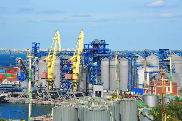 istock Cargo crane and grain dryer 640338766