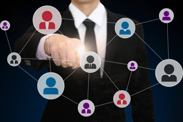 istock Businessman pressing social network icon 640339688