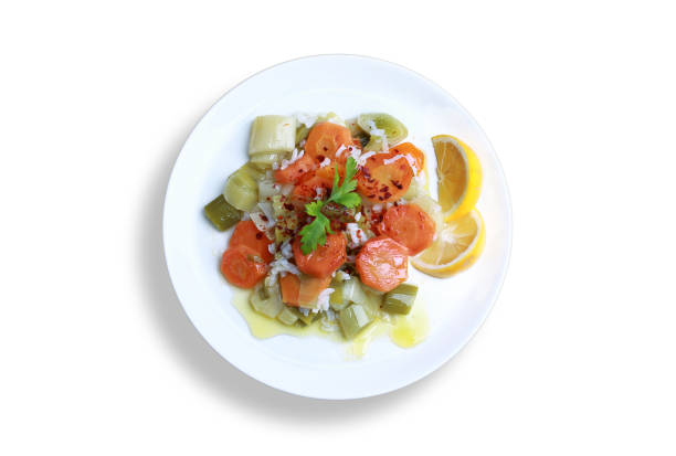 A plate of leeks in the white background.