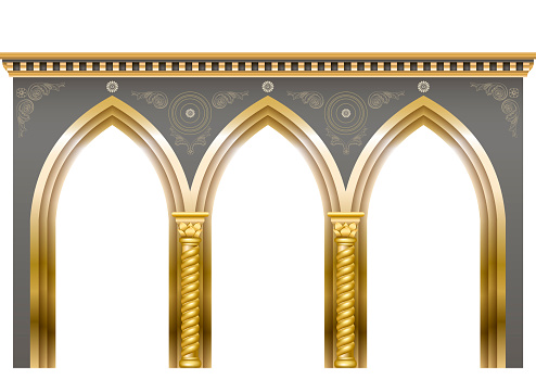 Palace gold Arcade in an old oriental style. Facade of a classical building. Vector graphics