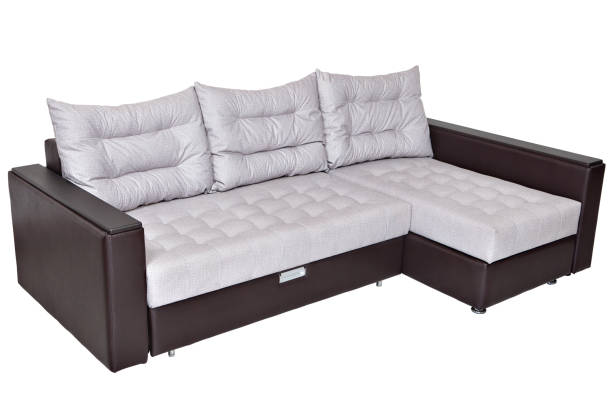 istock Corner convertible sofa-bed with storage space, upholstery soft white fabric 640347130