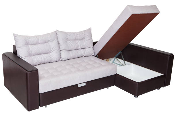 istock Corner convertible sofa bed with storage system, upholstery white fabric. 640347192