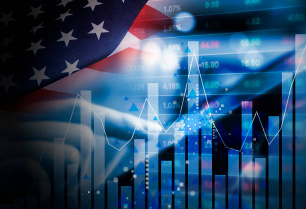 USA stock market design Double exposure of business woman are trading USA stock market by using digital tablet the americas stock pictures, royalty-free photos & images