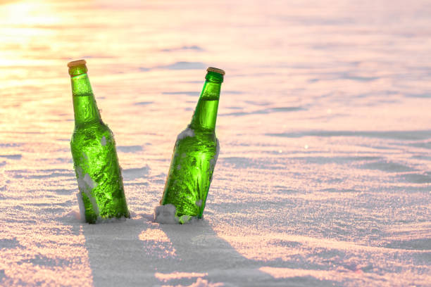 istock Two bottles of cold beer on the snow at sunset. 640351064