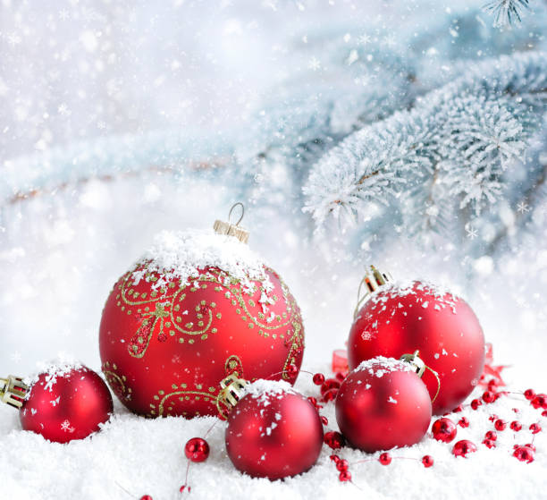 istock Christmas red balls on a background snow-covered fir branches 640352792