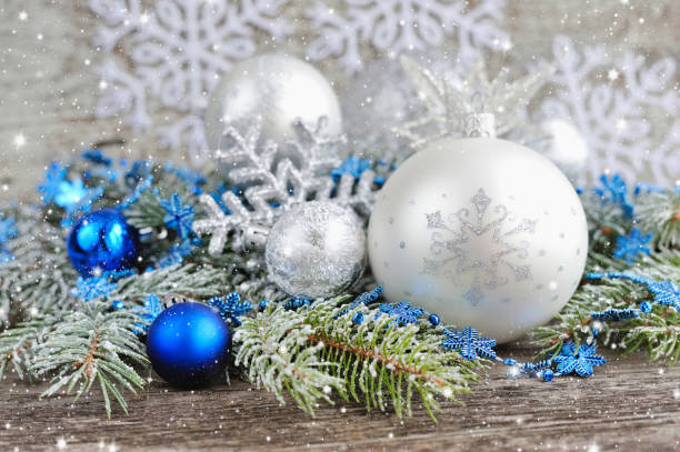 istock Christmas blue and silver decorations with branches of spruce 640353922