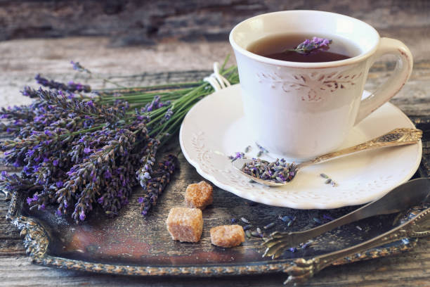 istock Lavender tea and bunch of lavender 640354552