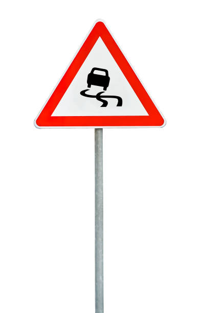 istock Triangle road sign slippery road on rod 640355854
