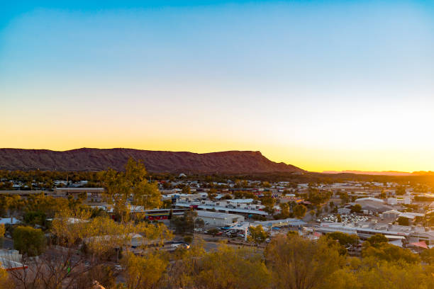 Aerial View of Alice Springs, Northern Territory, Australia Alice Springs, Australia - August 24, 2016: Aerial view over Alice Springs, Northern Territory, Australia at sunset alice springs photos stock pictures, royalty-free photos & images