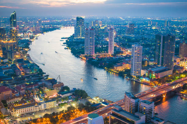 istock Panoramic view Cityscape business district from aerial view high building at dusk (Bangkok, Thailand) 640829142