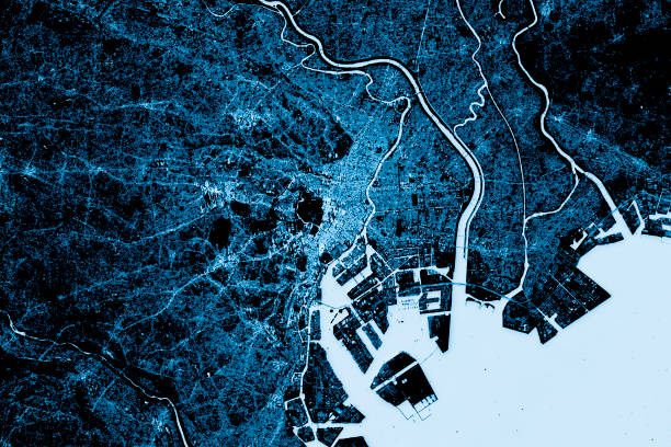 ciudad de tokio resumen mapa vista superior oscuro - bahía de tokio fotografías e imágenes de stock