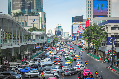 Bangkok, Thailand - Jun 17, 2016. Car parking lot at downtown in Bangkok, Thailand. Bangkok is the heart of the country investment and development.