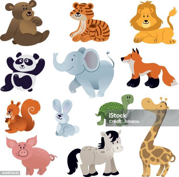 Set Of Cute Animals Stock Illustration - Download Image Now - Elephant, Animal, Animal Themes