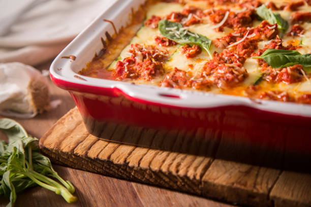 A healthy gluten free zucchini lasagna with no noodles only vegetables, meat, and cheese.