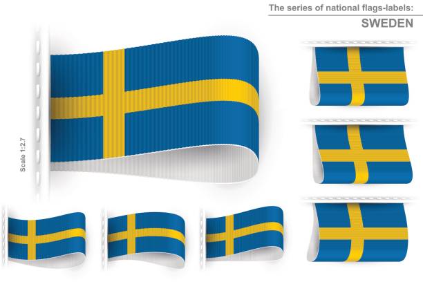 Flag Tag Clothes Label Sticker Sewn Set Sweden Flag of Sweden; Sewn clothing label tag from national state flag of Kingdom of Sweden; Symbol of the swedish national patriotic pride and political power; Vector set icon Eps10 swedish flag stock illustrations