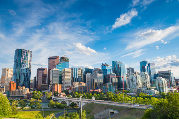 Calgary City Skyline Summertime cityscape image of downtown Calgary, Alberta, Canada. alberta stock pictures, royalty-free photos & images