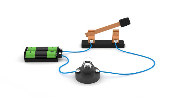 Electric circuit showing open switch using a light bulb and batteries white background. Electric circuit. parallel stock illustrations