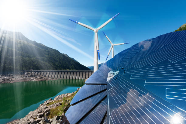 Renewable Energy - Sunlight Wind Rain Renewable Energy - Sunlight with solar panel. Wind with wind turbines. Rain with dam for hydropower hydroelectric power stock pictures, royalty-free photos & images