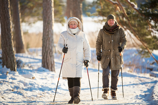 Winter sport in Finland - nordic walking. Senior woman and man hiking in cold forest. Active people outdoors. Scenic peaceful Finnish landscape.