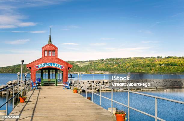 Deserted Pier On A Lake On A Sunny Fall Day Stock Photo - Download Image Now - Lake Seneca, Finger Lakes, New York State