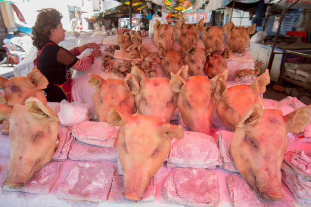 THAILAND ISAN UDON THANI MARKET FOOD MEAT PORK pork head meat at the market in the city centre of Udon Thani in the Isan in Northeast Thailand. udon thani stock pictures, royalty-free photos & images