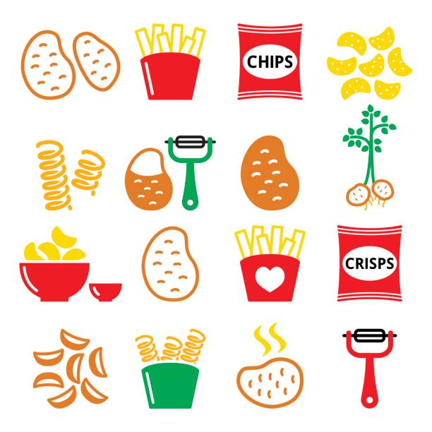 Potato, French fries, crisps, chips vector icons set Food, meal icons set - potatoes design in color isolated on white curly fries stock illustrations