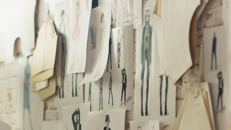 Zoom In On a Wall with Pinned Fashion Drawings and Sketches, Templates Hanging on the Wall.