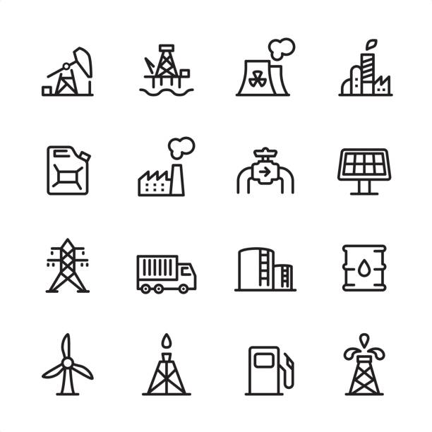 ilustraciones, imágenes clip art, dibujos animados e iconos de stock de sector estación - conjunto de iconos de contorno - nuclear energy nuclear power station wind turbine energy