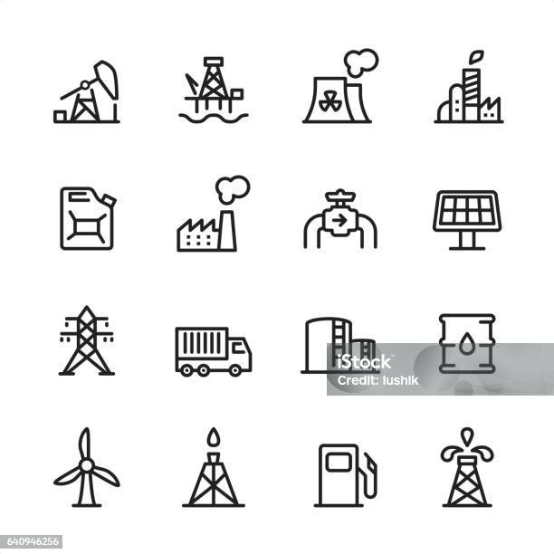 Industry Station Outline Icon Set Stock Illustration - Download Image Now - Natural Gas, Factory, Gasoline