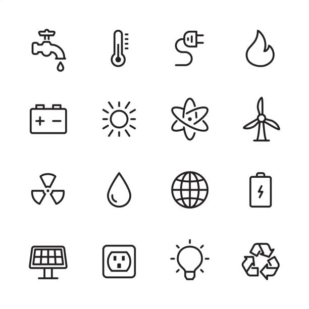 Energy and Power - outline icon set 16 line black and white icons / Set #12 flame symbols stock illustrations