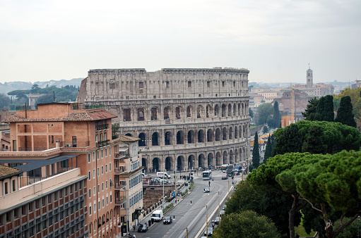 Panoramic view of Rome with Forum and Colosseum, Italy.