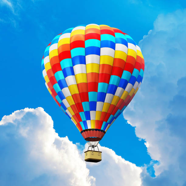 Creative abstract colorful travel, tourism aerial transportation and freedom concept: 3D render illustration of color hot air balloon with gondola basket outdoors in the blue sky with clouds
