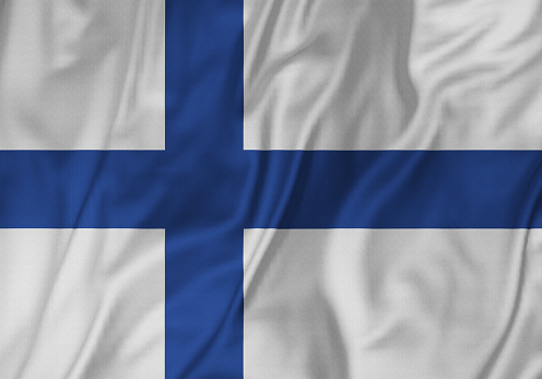 Closeup of Ruffled Finland Flag, Finland Flag Blowing in Wind