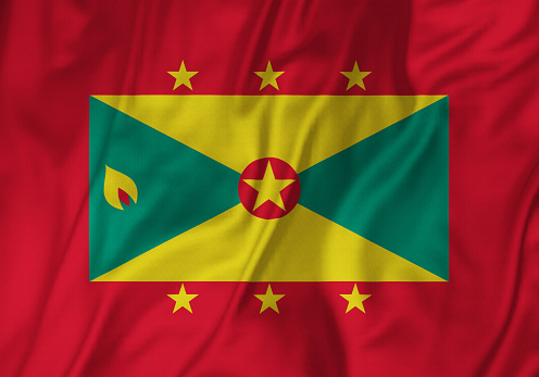 Closeup of Ruffled Grenada Flag, Grenada Flag Blowing in Wind