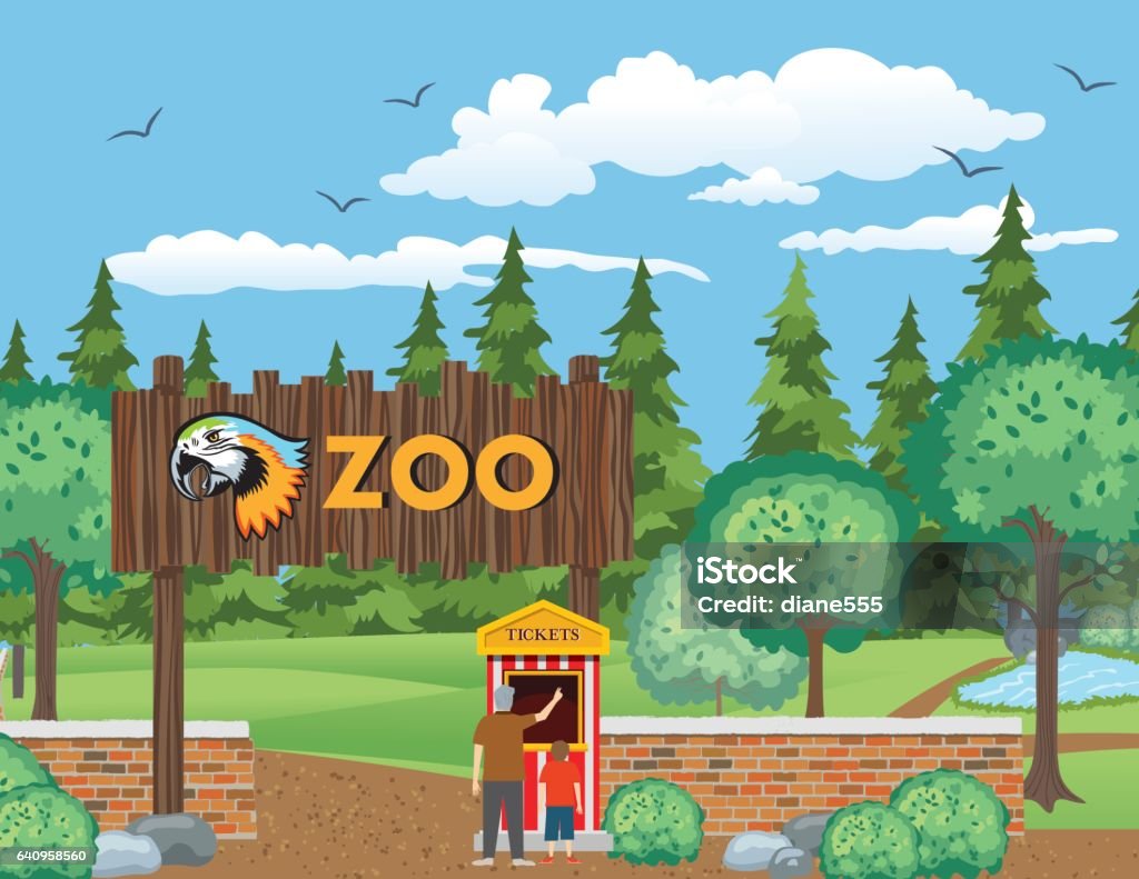 A Boy And His Grandfather Visit The Zoo Zoo stock vector