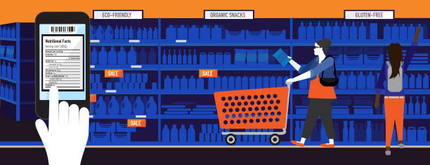 akıllı telefon beslenme etiket uygulaması ile modern artı boyutu kadın - grocery shopping stock illustrations