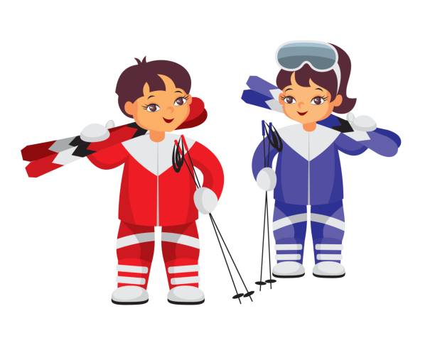 boy and girl with skis The girl and the boy in beautiful ski suits. Vector illustration on a white background. kids snow suits stock illustrations