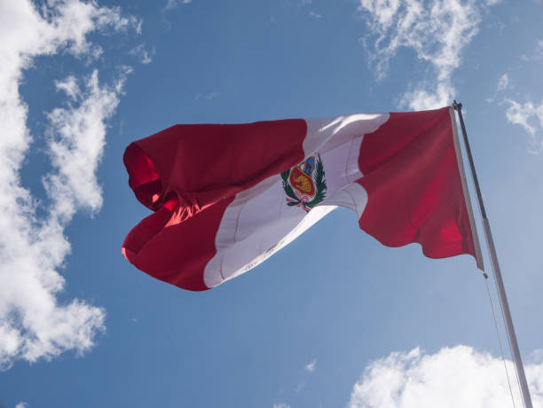 istock Flag of Peru waving against blue sky 640963820