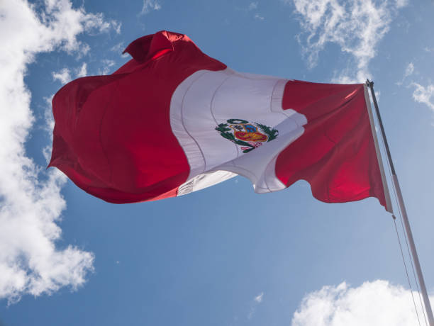 istock Flag of Peru waving against blue sky 640963824
