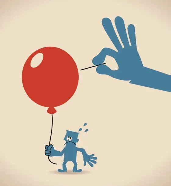Vector illustration of Businessman hand using needle to prick (pop, burst) balloon