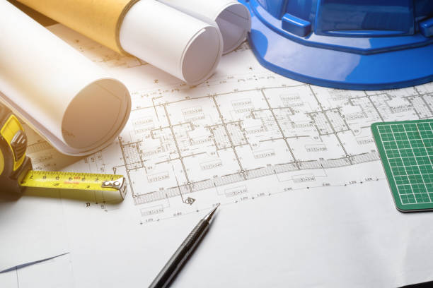 diagramma ingegneristico progetto disegno di progetto schizzo del progetto - drafting office engineering plan foto e immagini stock