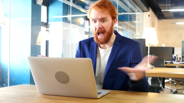 Man Yelling, Going Crazy at Work, Red Hairs