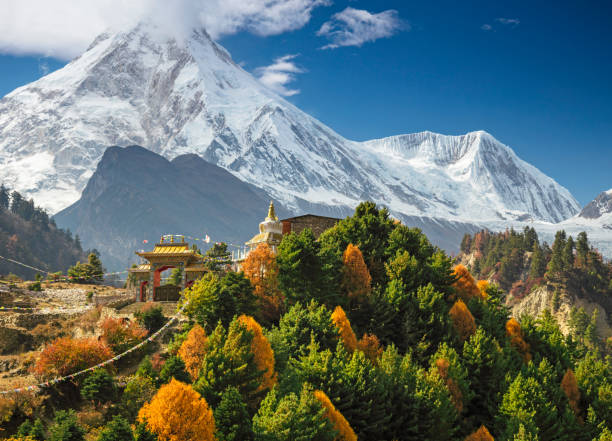 Buddhist monastery and Manaslu mount in Himalayas, Buddhist monastery and Manaslu mount in Himalayas, Nepal.  View from Manaslu circuit trek annapurna circuit photos stock pictures, royalty-free photos & images