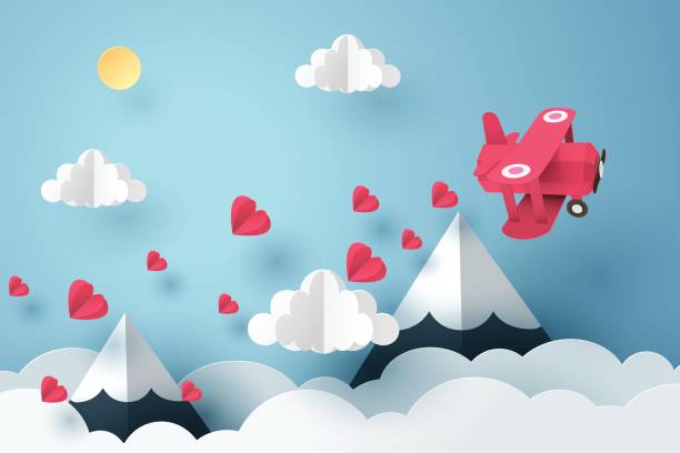 Paper art of pink plane flying and scatter heart Paper art of pink plane flying and scatter heart in the sky, origami and valentine's day concept, vector art and illustration. airplane backgrounds stock illustrations