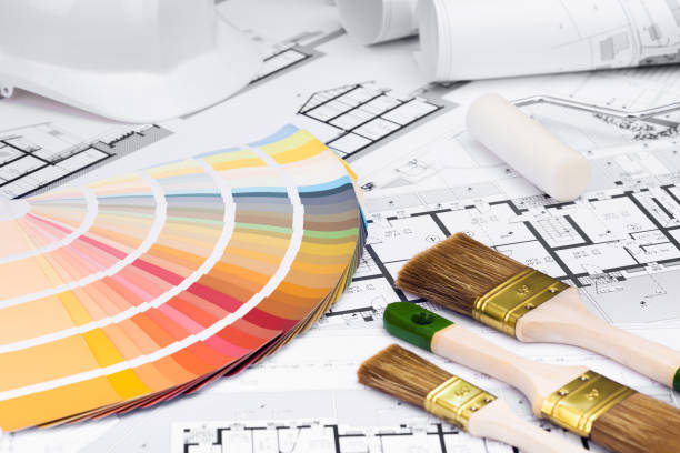 Construction plans with whitewashing Tools and Colors Palette stock photo