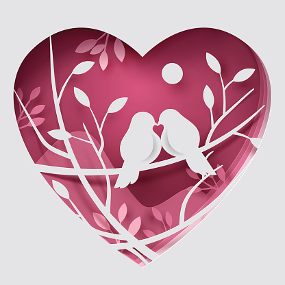 Paper art carve to couple birds on tree branch in forest, origami concept and Valentine's day idea, vector art and illustration.