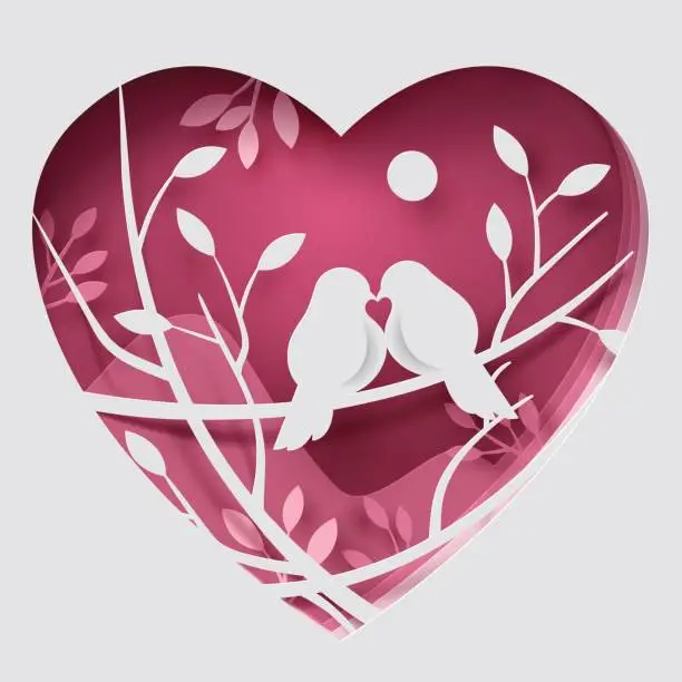 Vector illustration of Paper art carve to couple birds on tree branch