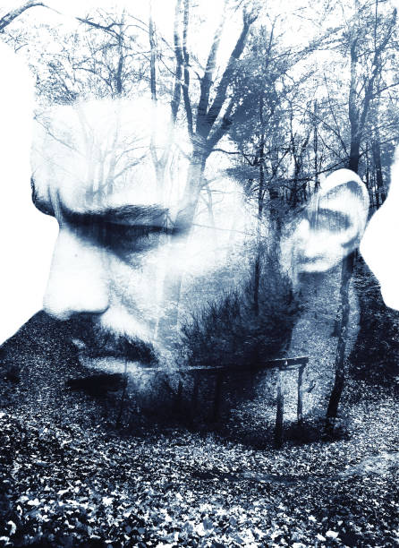 Handsome bearded man, double exposure stock photo